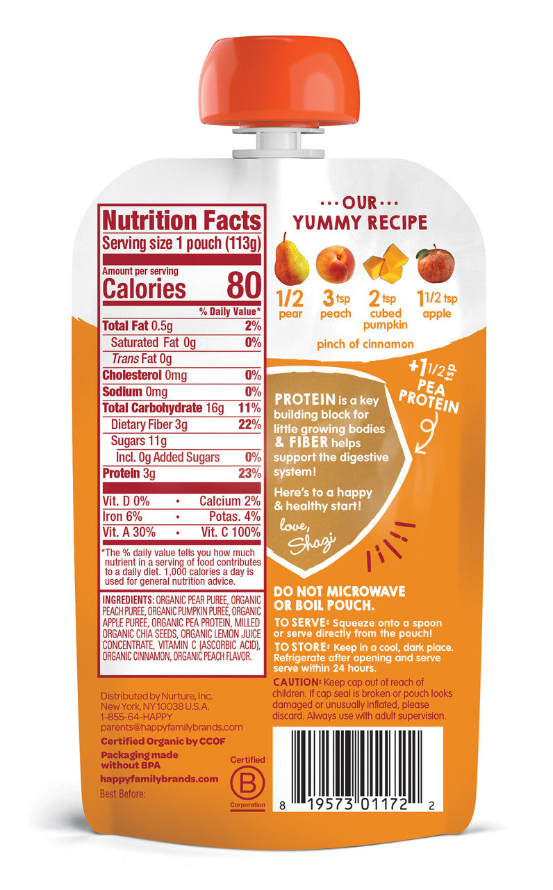 Happy Tot Fiber and Protein, Organic Apple, Peach, Pumpkin and Cinnamon (16x4 OZ)