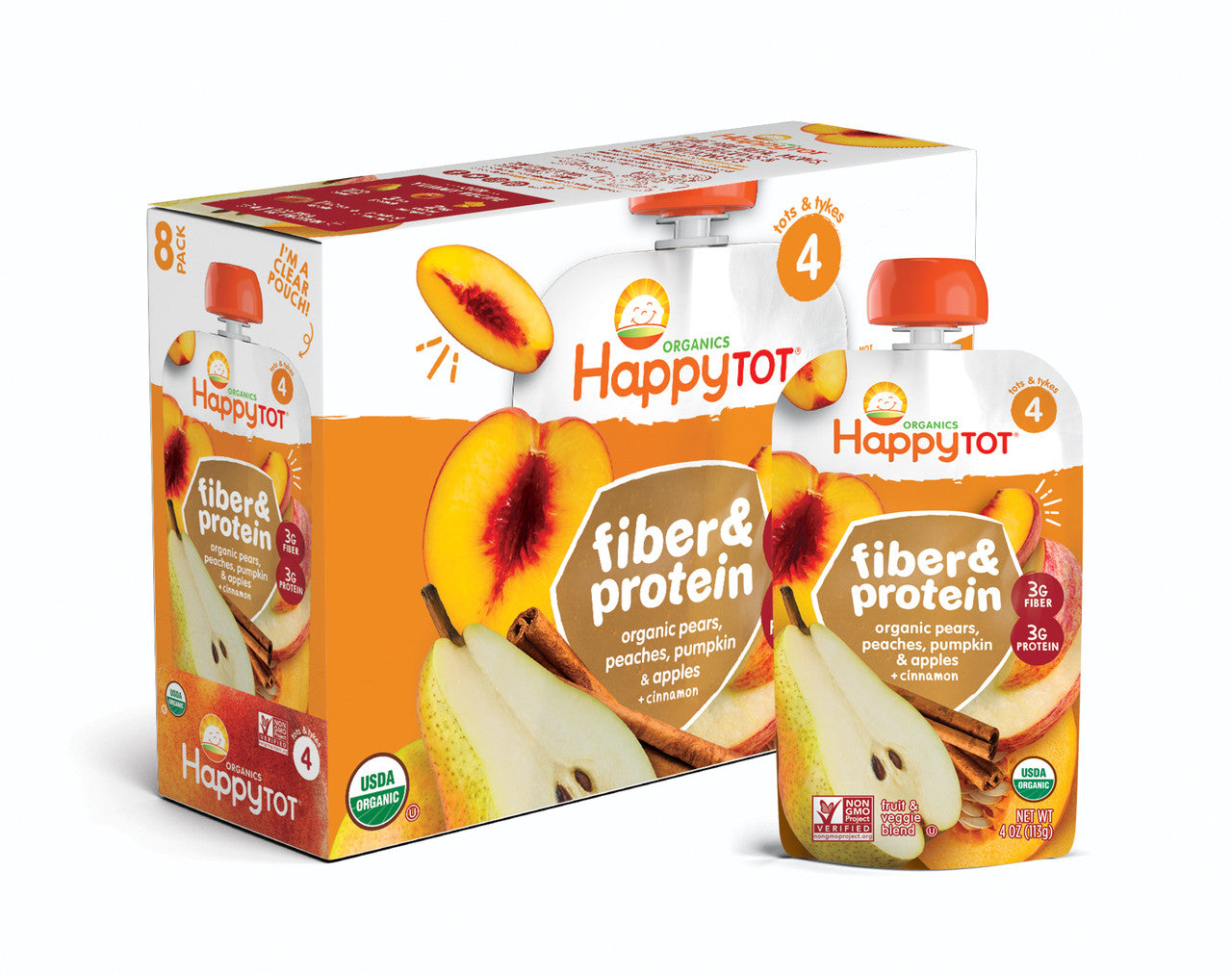 Happy Tot Fiber and Protein, Organic Apple, Peach, Pumpkin and Cinnamon (16x4 OZ)
